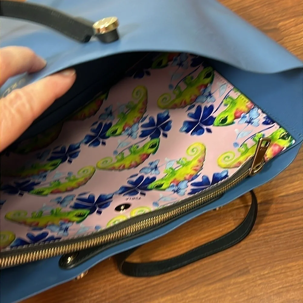 Furla Eden Tote Blue Leather with Interior Clutch Chameleon Print